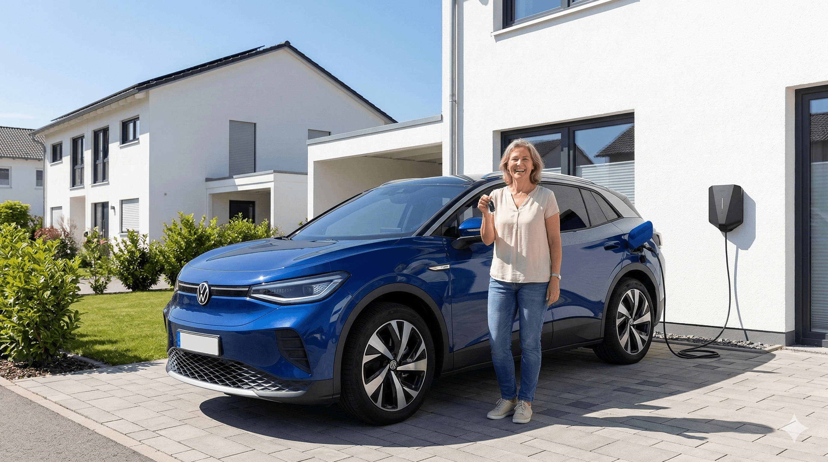Zufriedene Kundin mit E-Auto und Wallbox